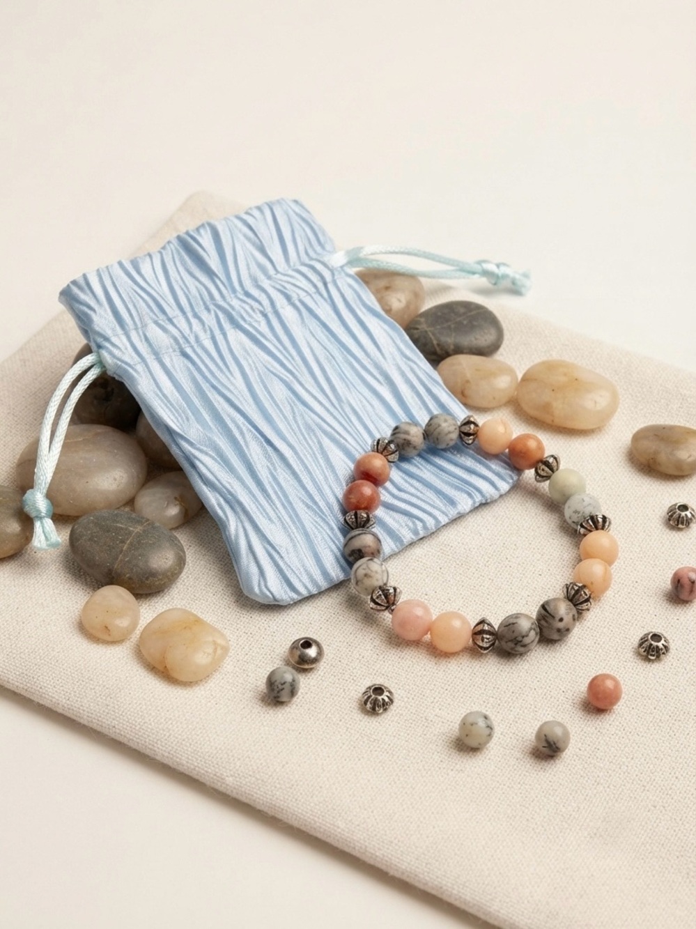 Pastel Peach & Grey Stone Beaded Stretch Bracelet